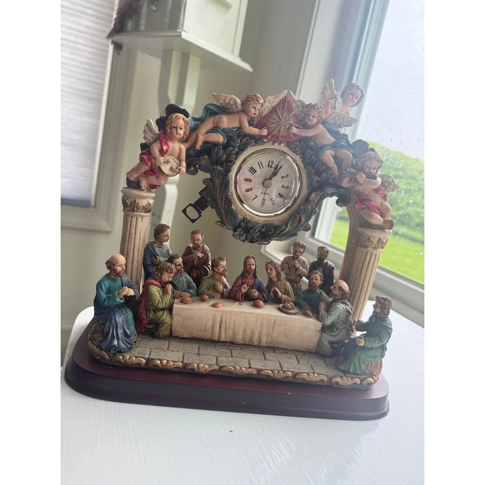 Vintage Last Supper Mantel Clock Religious Tabletop Decor Cherub Angels